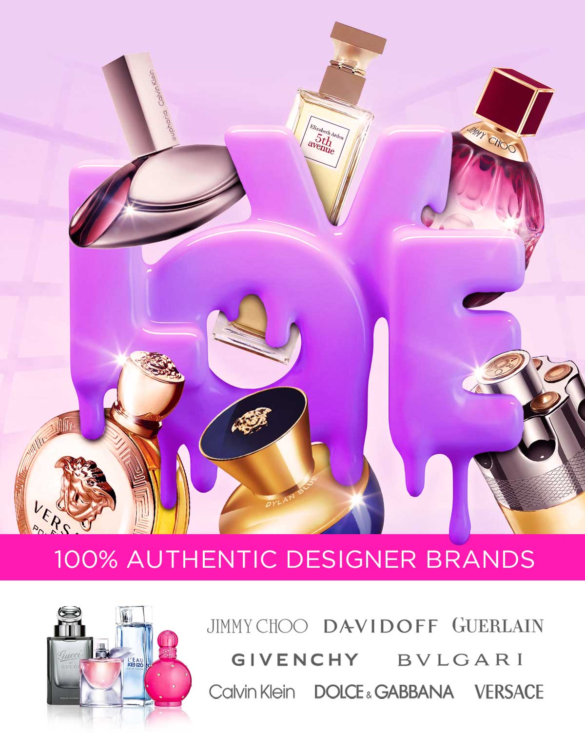 The word LOVE drips around best-selling fragrances on sale for Valentine's Day