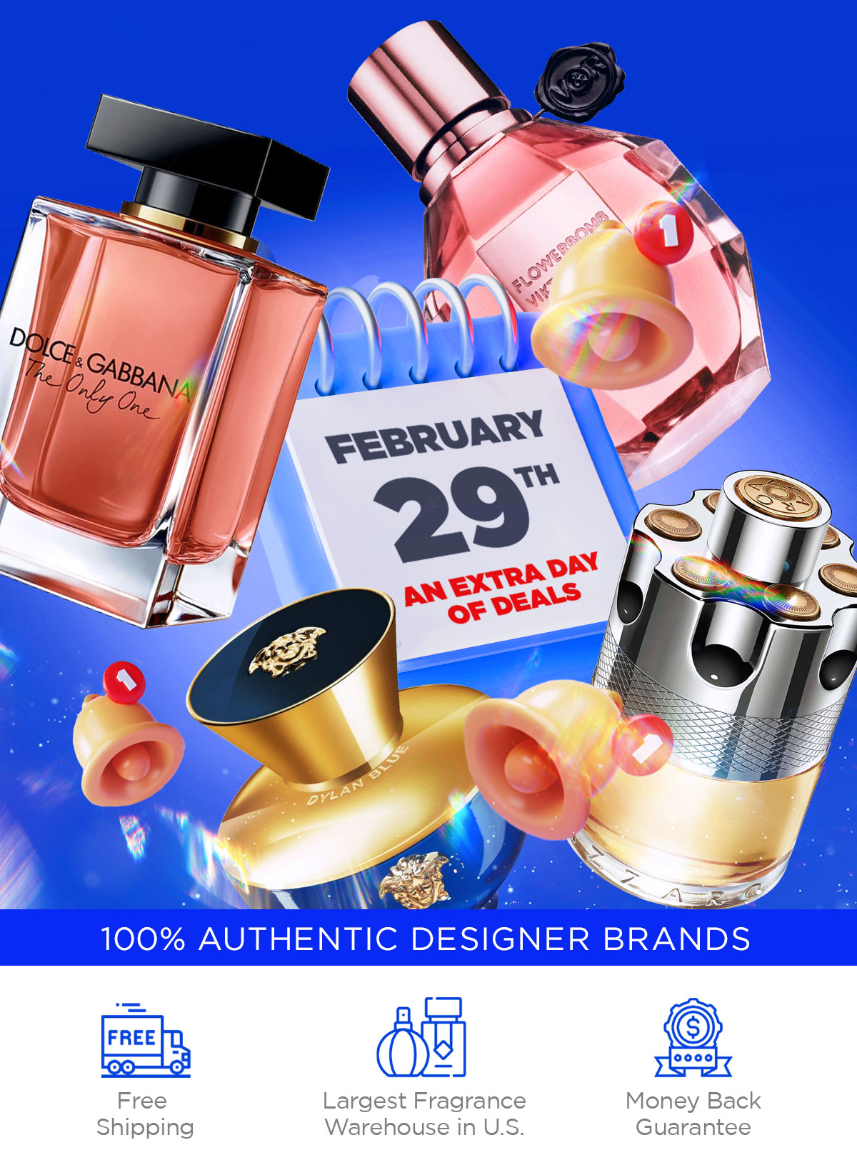 Popular fragrances are displayed around a calendar advertising Leap Year deals