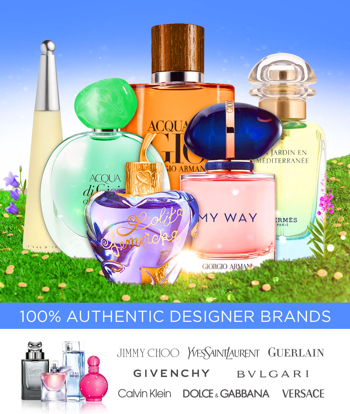 Best-selling fragrances sit in a wildflower field to showcase spring savings