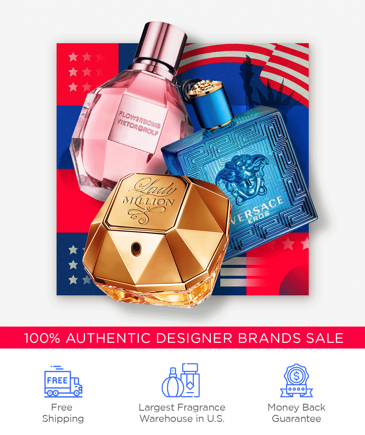 Best-selling scents are displayed on top of red, white, and blue elements for Fourth of July deals