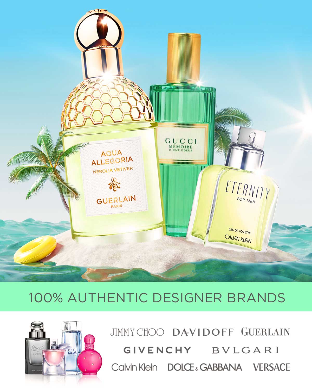 Best-selling fragrances are shown on an island to advertise summer deals