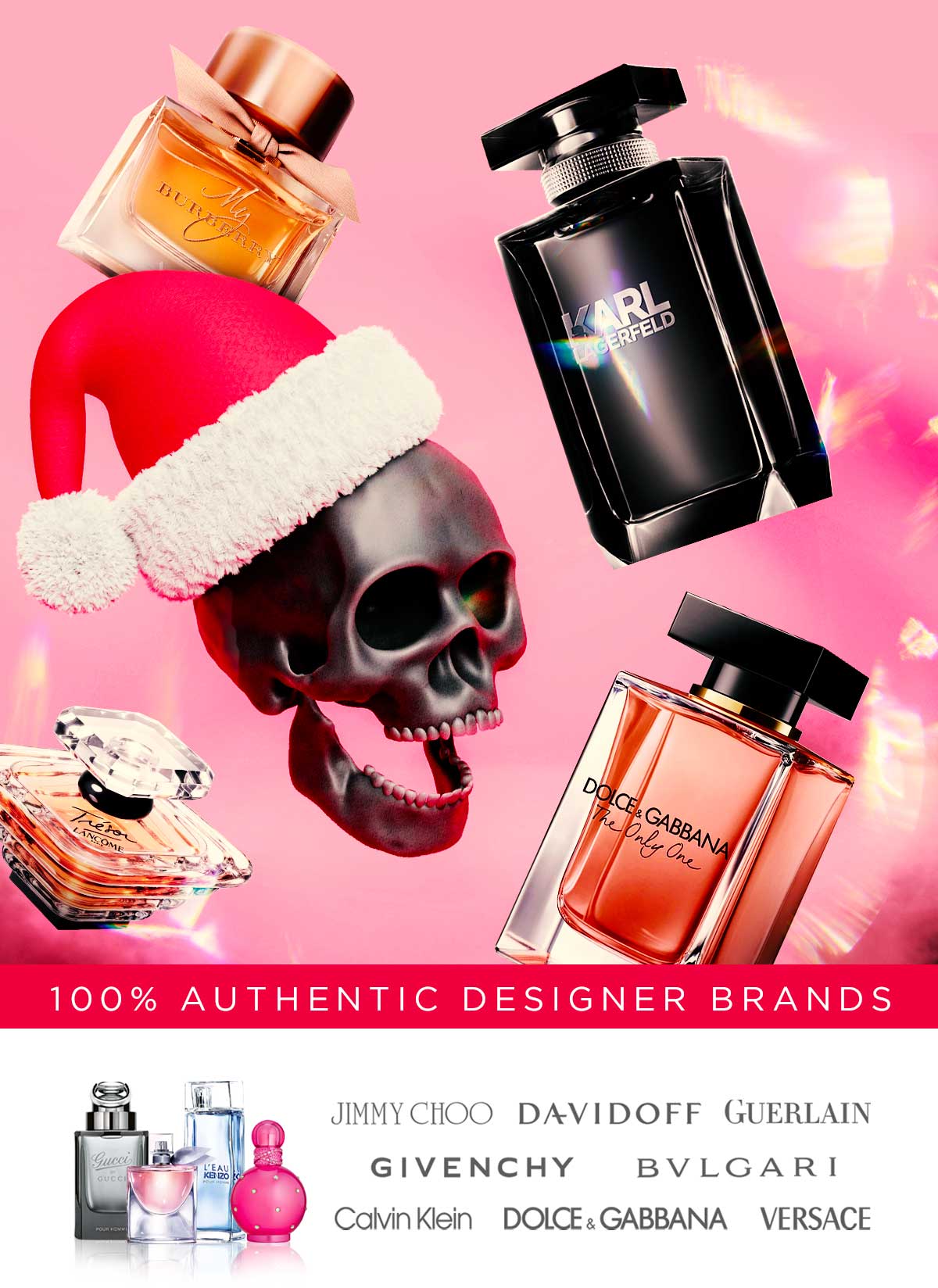 A skull wearing a Santa hat crashes through fragrances warning that there are 60 days until Christmas