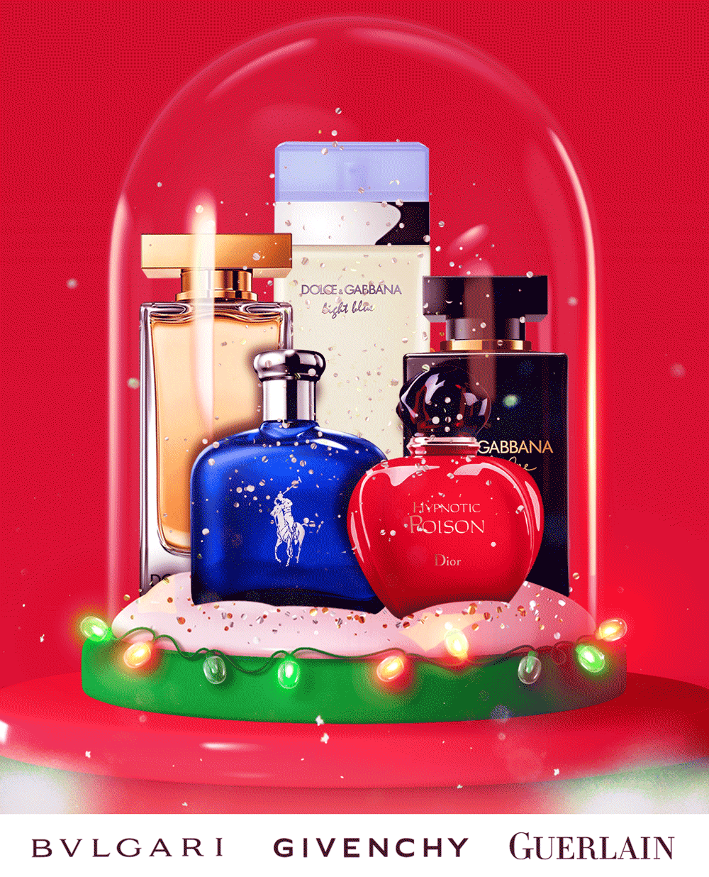 Popular fragrances displayed on a red and green background advertising early holiday deals