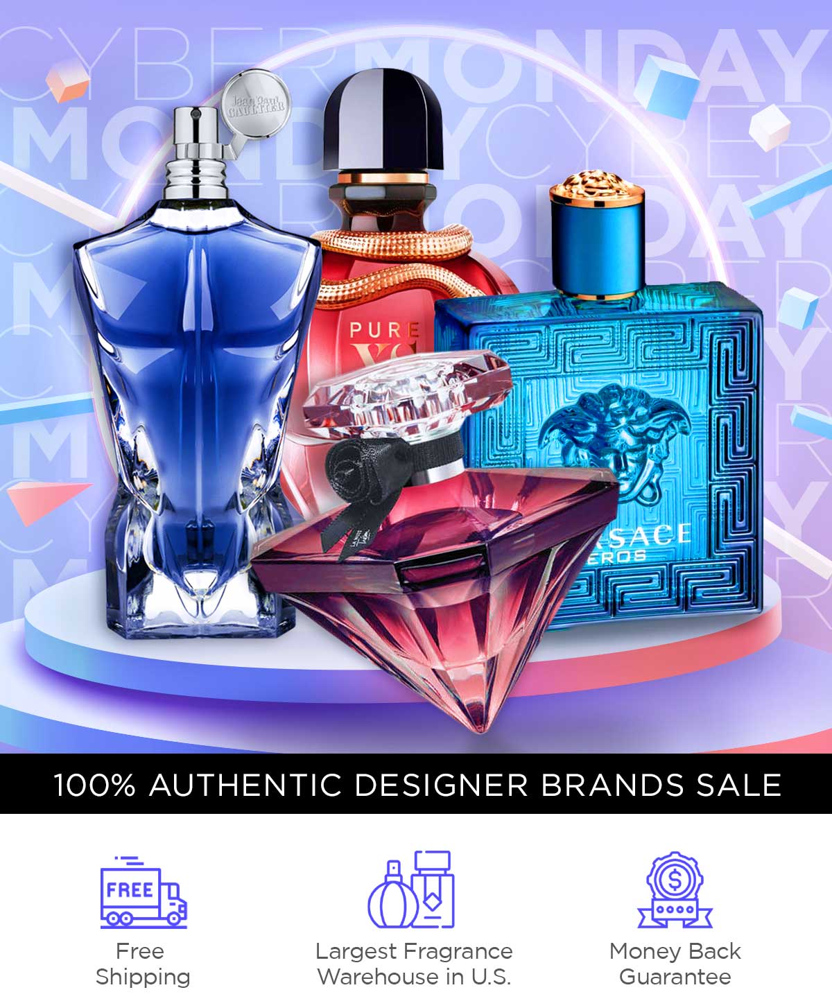 Best selling perfumes and colognes displayed on a pedestal during Cyber Monday sale