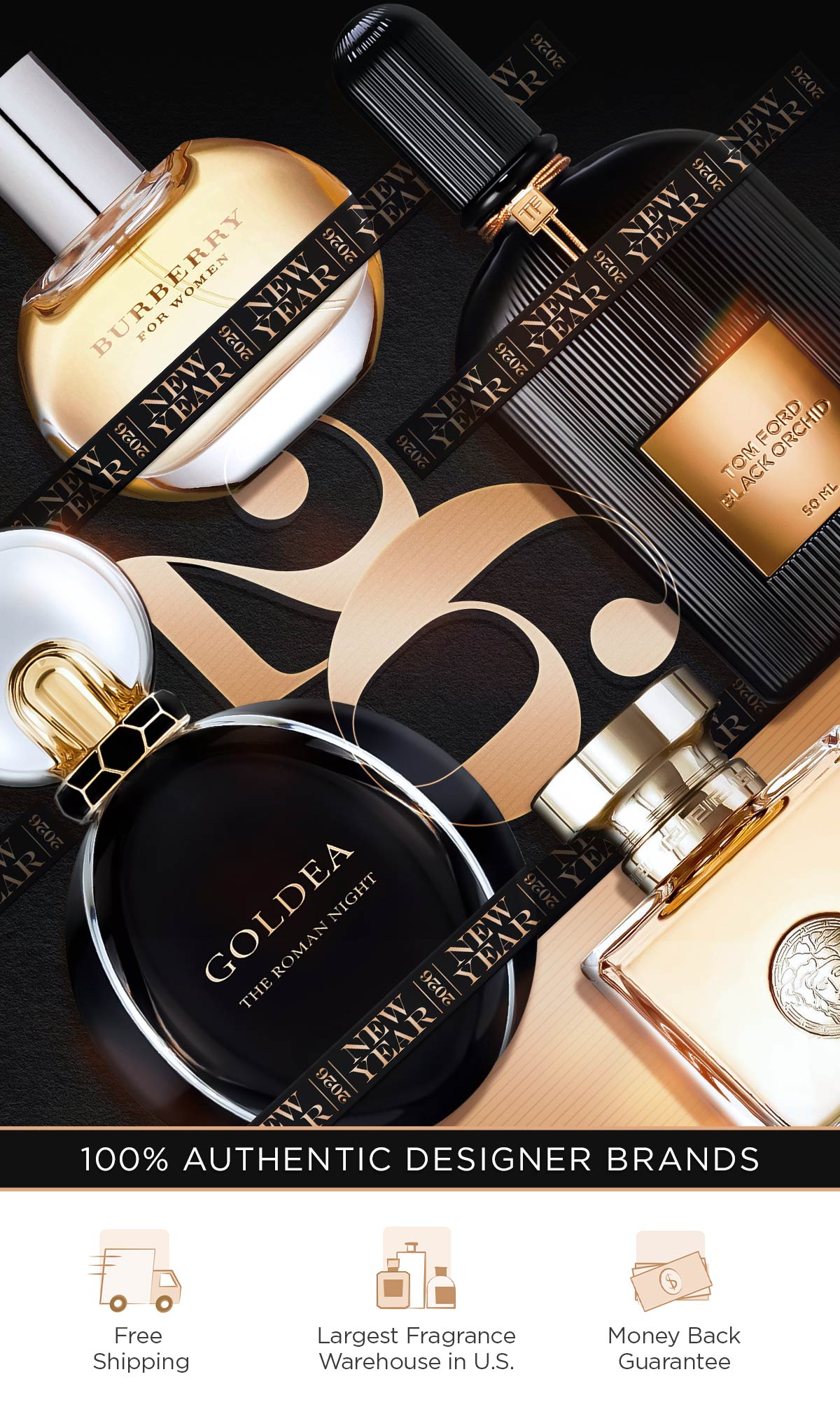 Popular perfume and cologne bottles sit on a metal and black background for 2026 savings