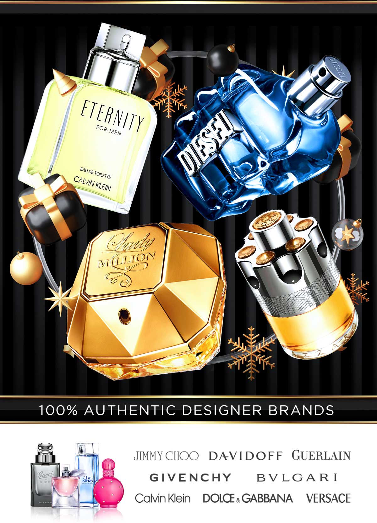 Best selling perfume and cologne are displayed with golden and black elements during New Year's deals