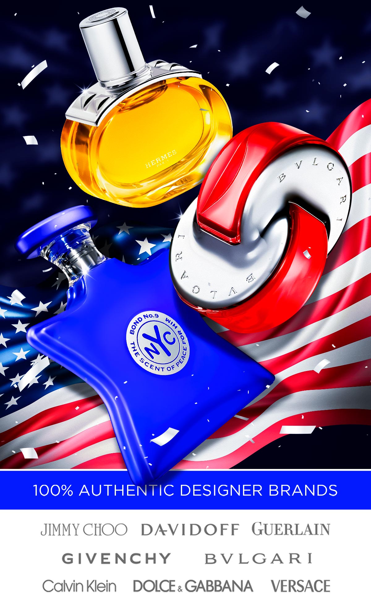 Popular fragrances displayed on an American flag for MLK Day deals