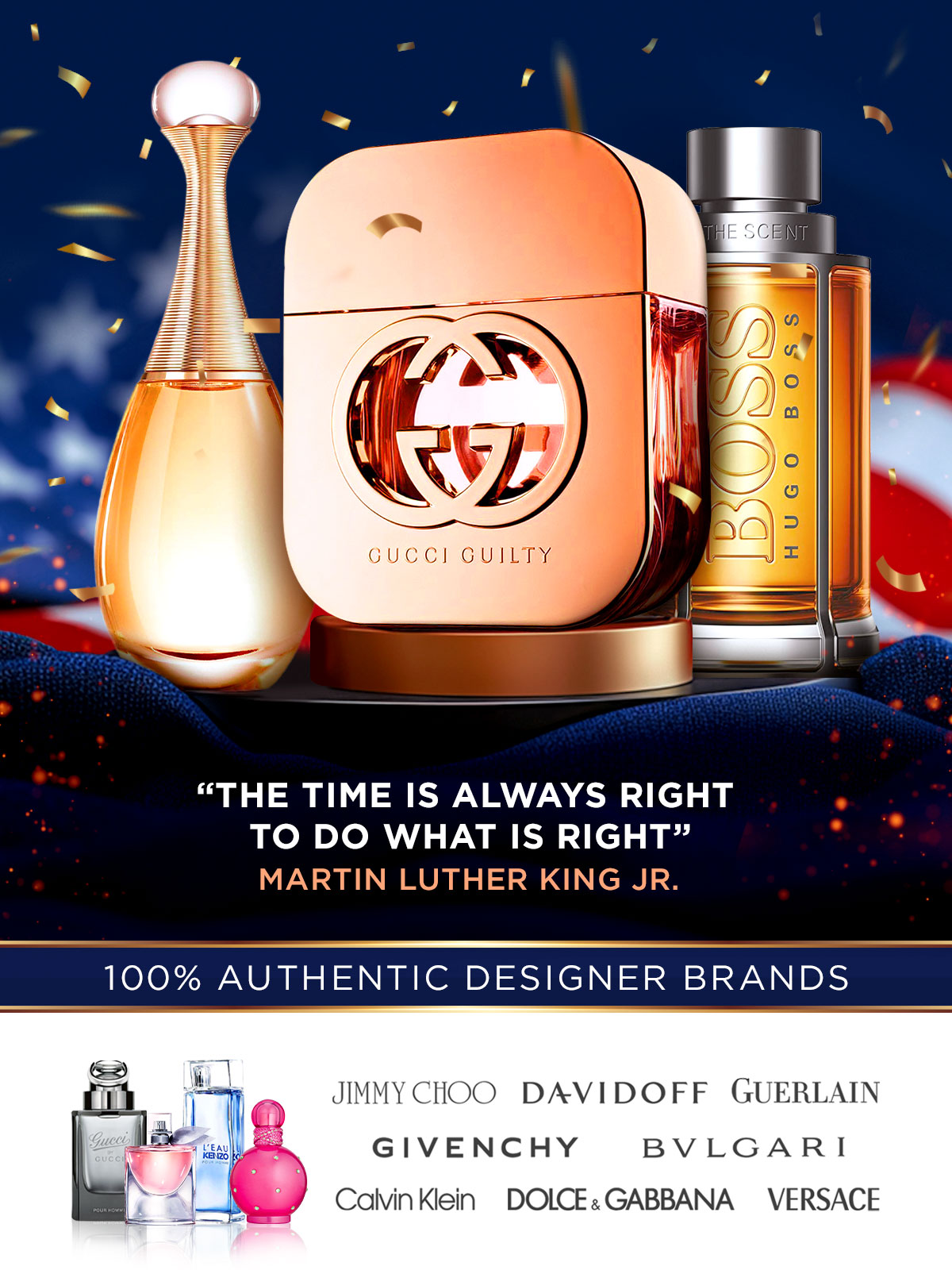 Best selling scents sit on display over a Martin Luther King, Jr. quote