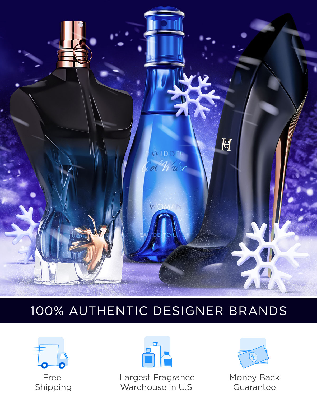 Snow falls around top fragrances in a dark winter setting