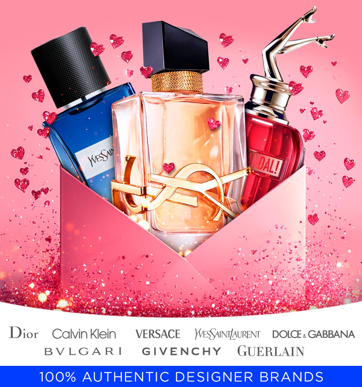 Best selling scents explode out of a pink envelope during Valentine's Day savings