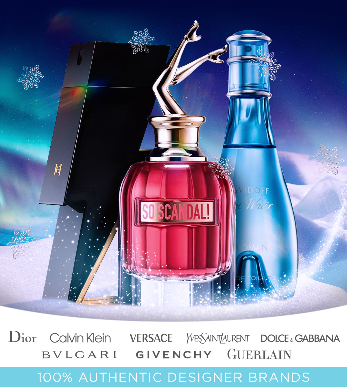 Popular perfume and cologne bottles are displayed in a frosty night scene during winter deals