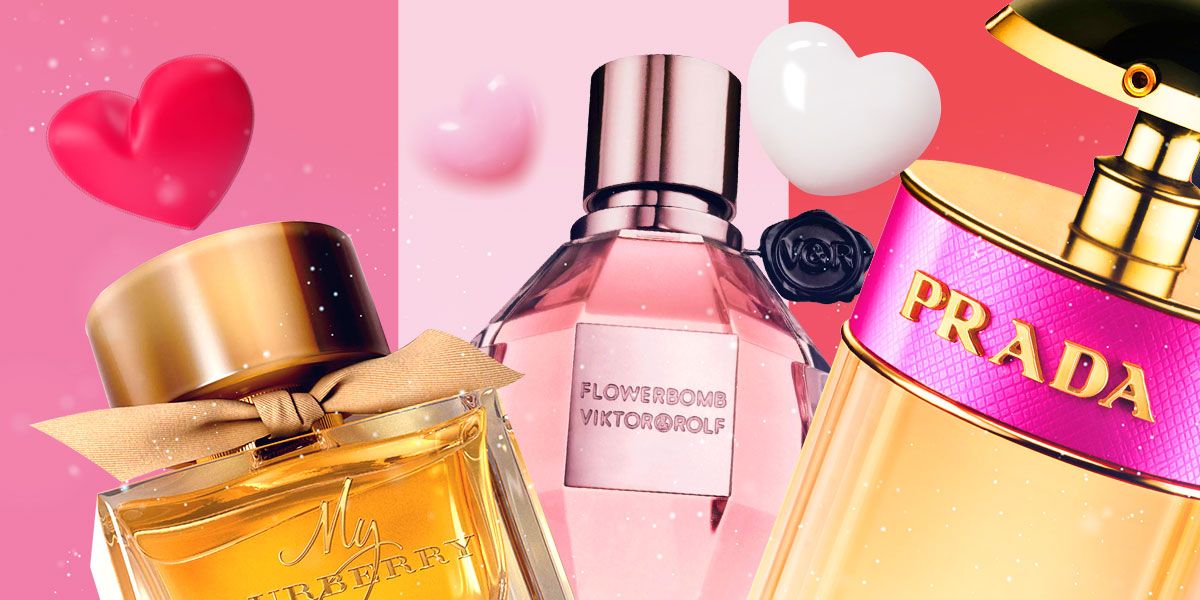 Popular fragrances surrounded by pink hearts