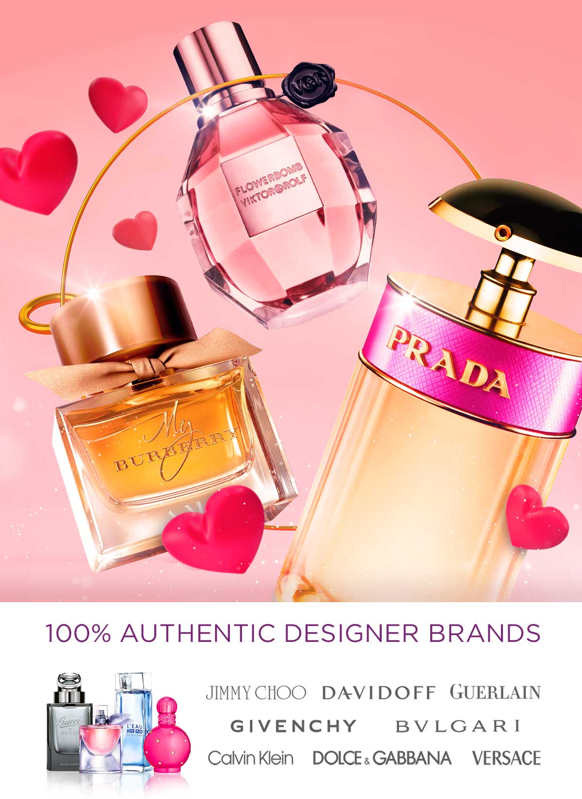 Popular perfume and cologne bottles are displayed with gold and hearts for Valentine's savings