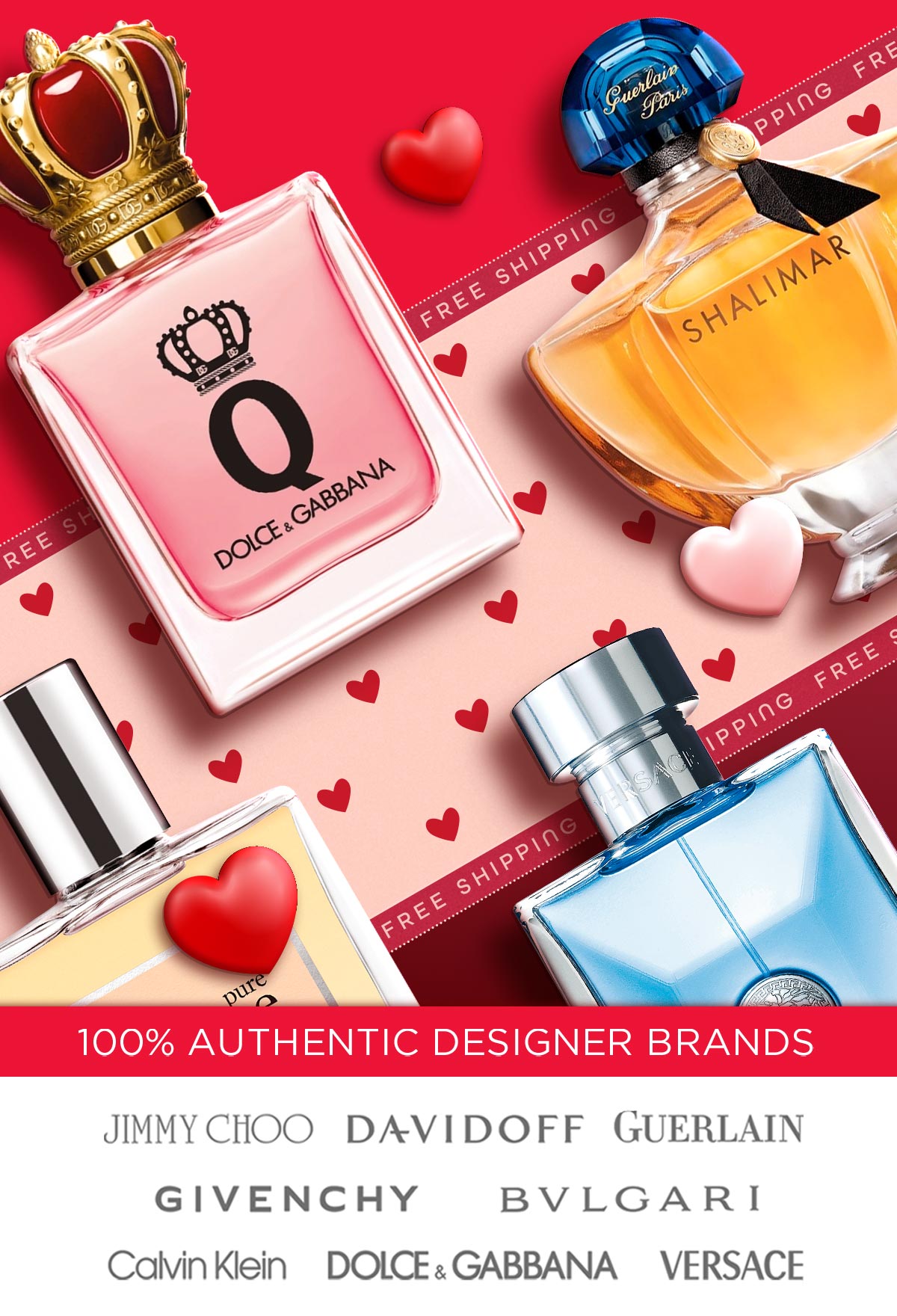 Popular perfume and cologne bottles laid on a Valentine's Day background