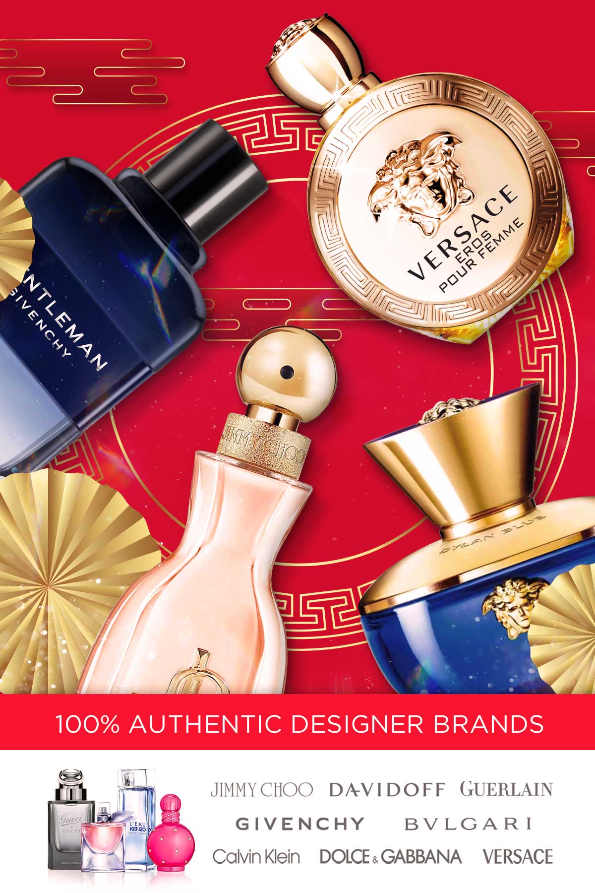 Red and gold elements surround best selling fragrances on sale for the Lunar New Year