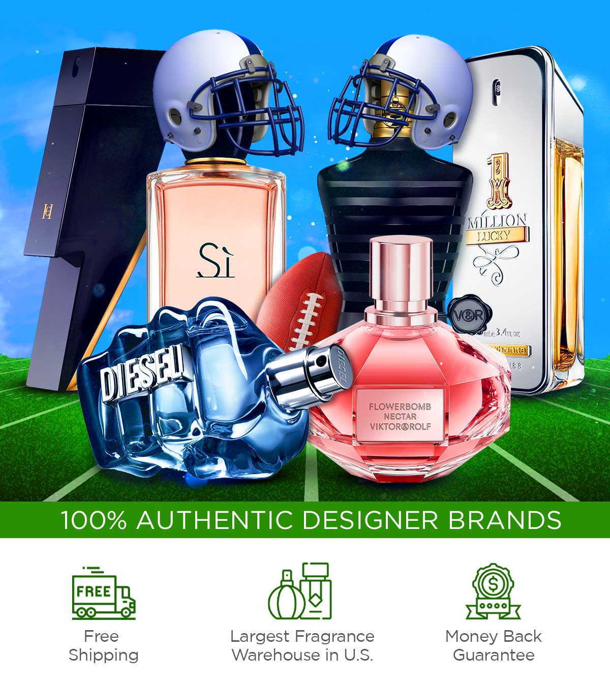 Popular fragrances are shown in football gear to advertise Super Bowl savings