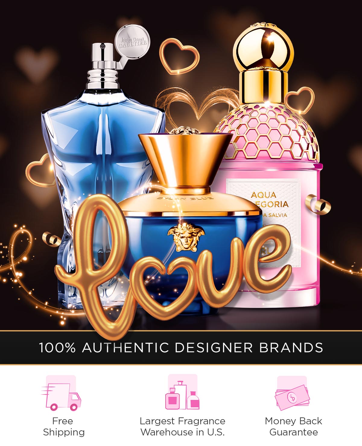 Gold swirls and hearts around best selling scents on display during Valentine's Day deals