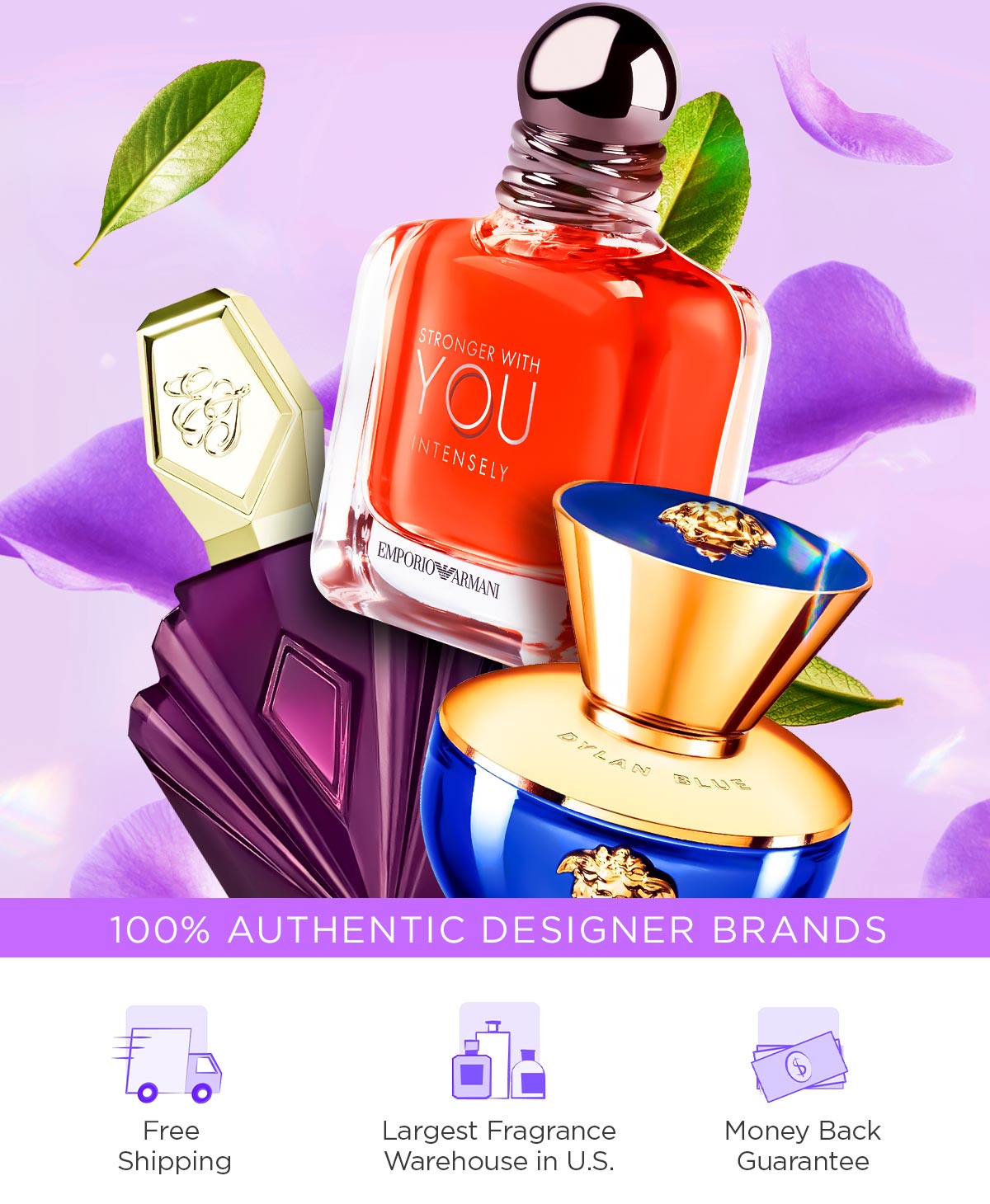 Petals float around popular perfume and cologne bottles during spring savings event