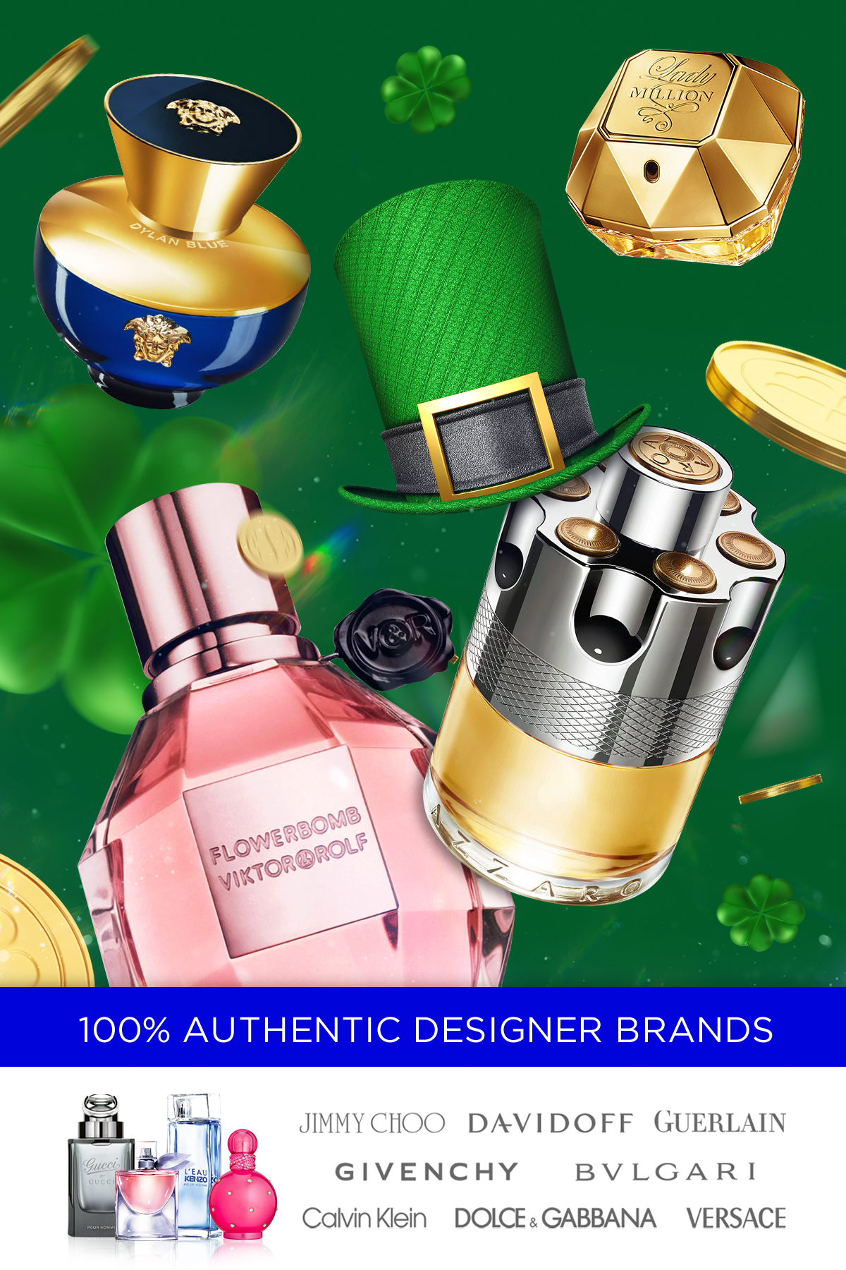 Fragrances fall through the air surrounded by St. Patrick's Day elements