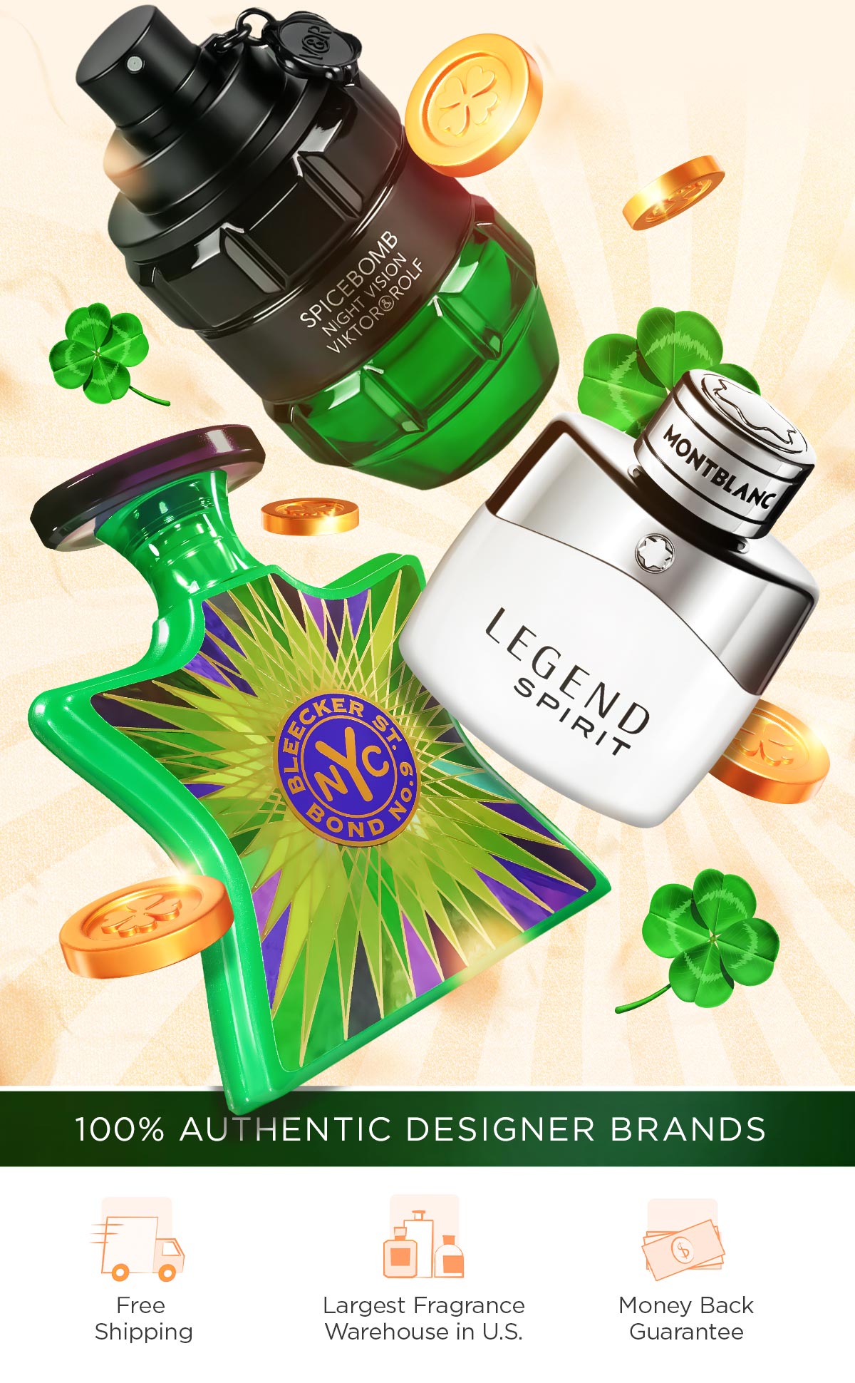 Shamrocks and gold coins surround popular scents during St. Patrick's Day savings event