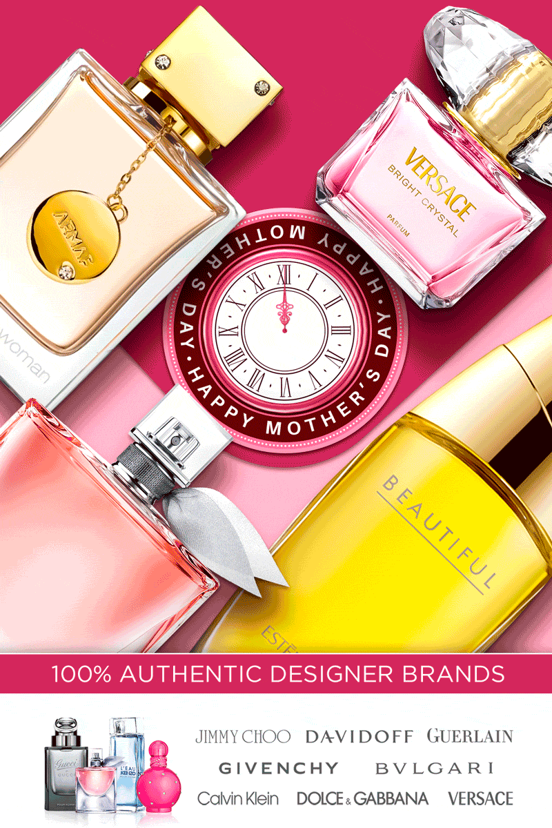 Popular perfume bottles are displayed beside a clock for remaining time for Mother's Day savings