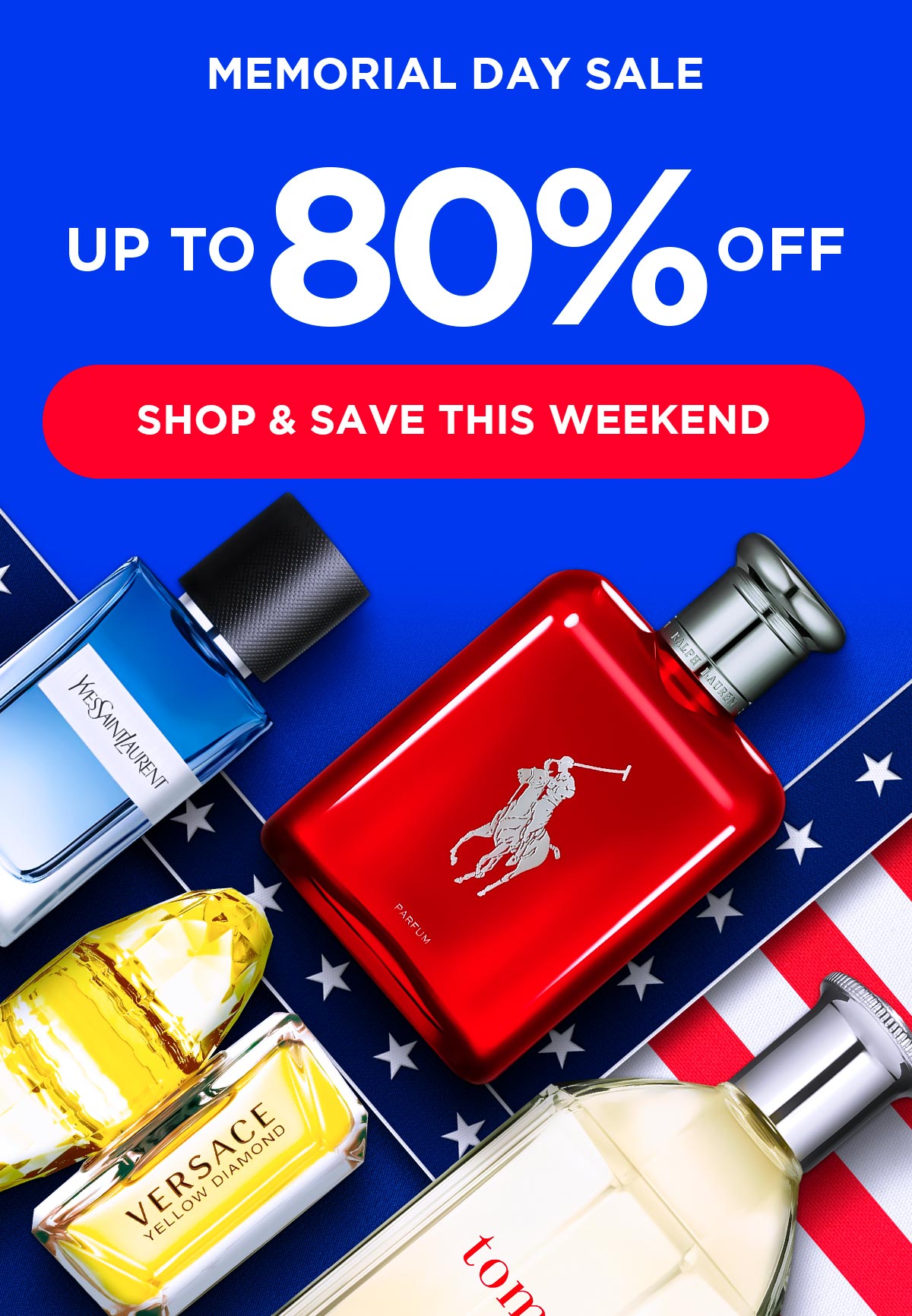 Popular perfume and cologne bottles lay out on a Memorial Day background