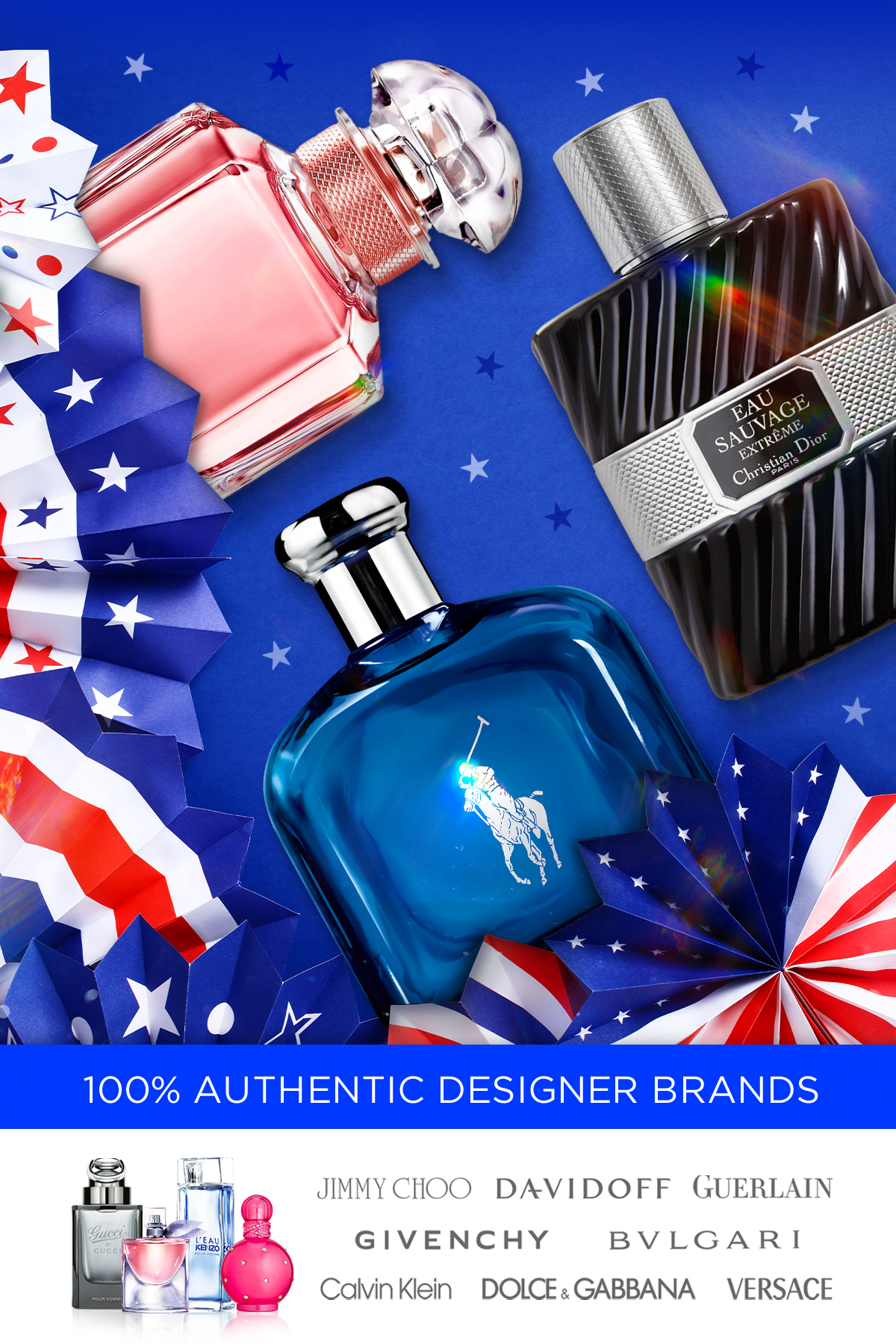 Popular fragrances are surrounded by red, white, and blue during Memorial Day deals