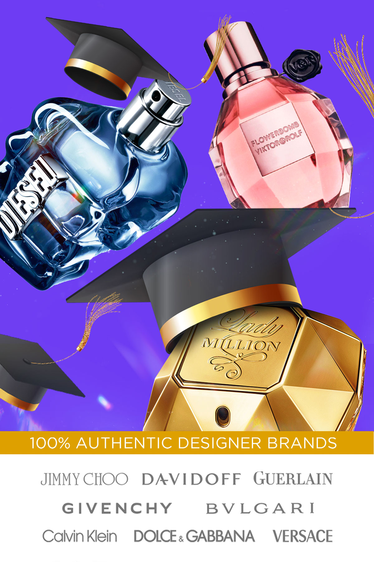 Graduation caps are tossed with popular perfume and cologne bottles during graduation sale