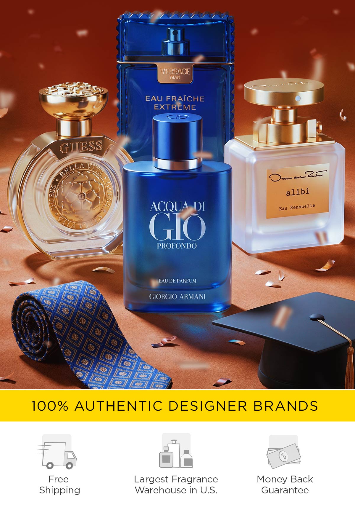 Best selling perfume and cologne bottles are displayed with tie and graduation cap for Dads & Grads Deals