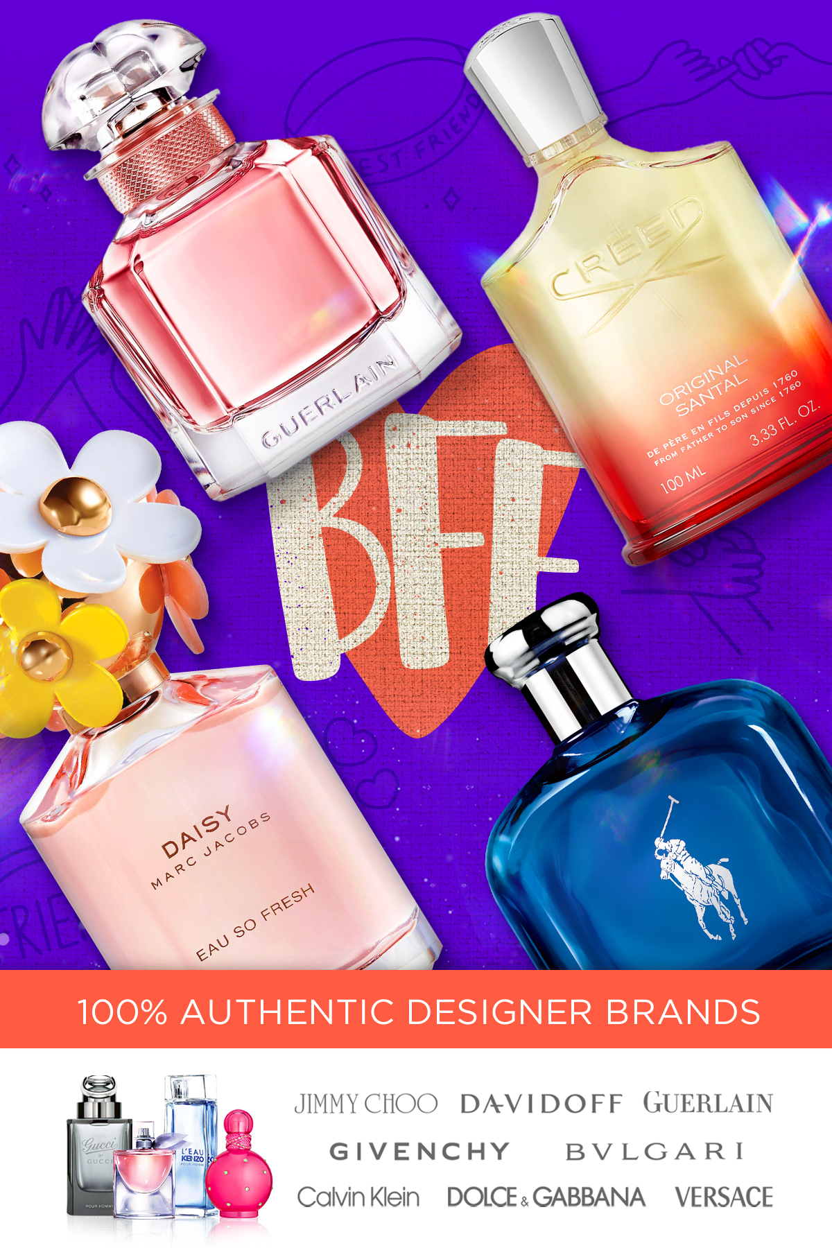 Best-selling perfume and cologne sits on a BFF background advertising Friendship Day savings
