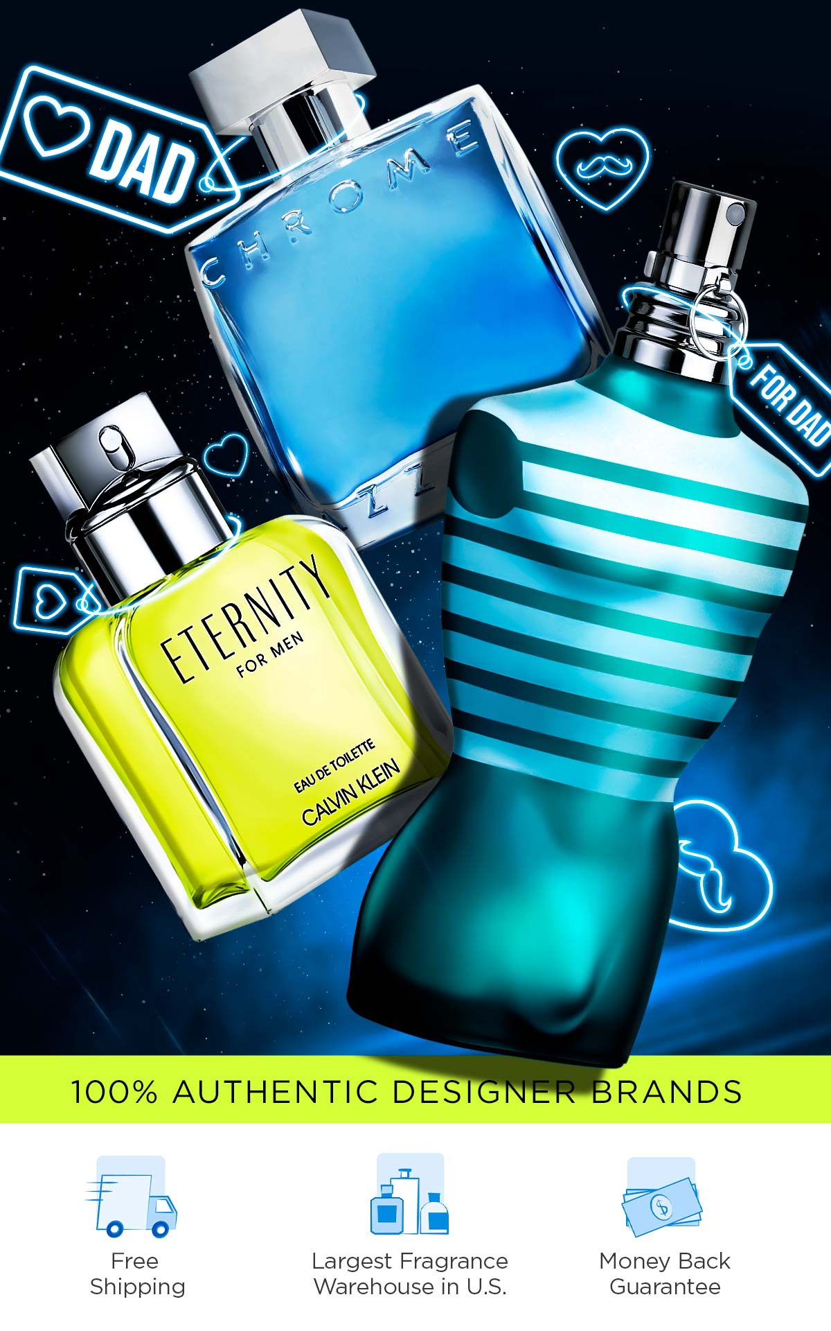 Giftable fragrances for him with neon tags for Father's Day