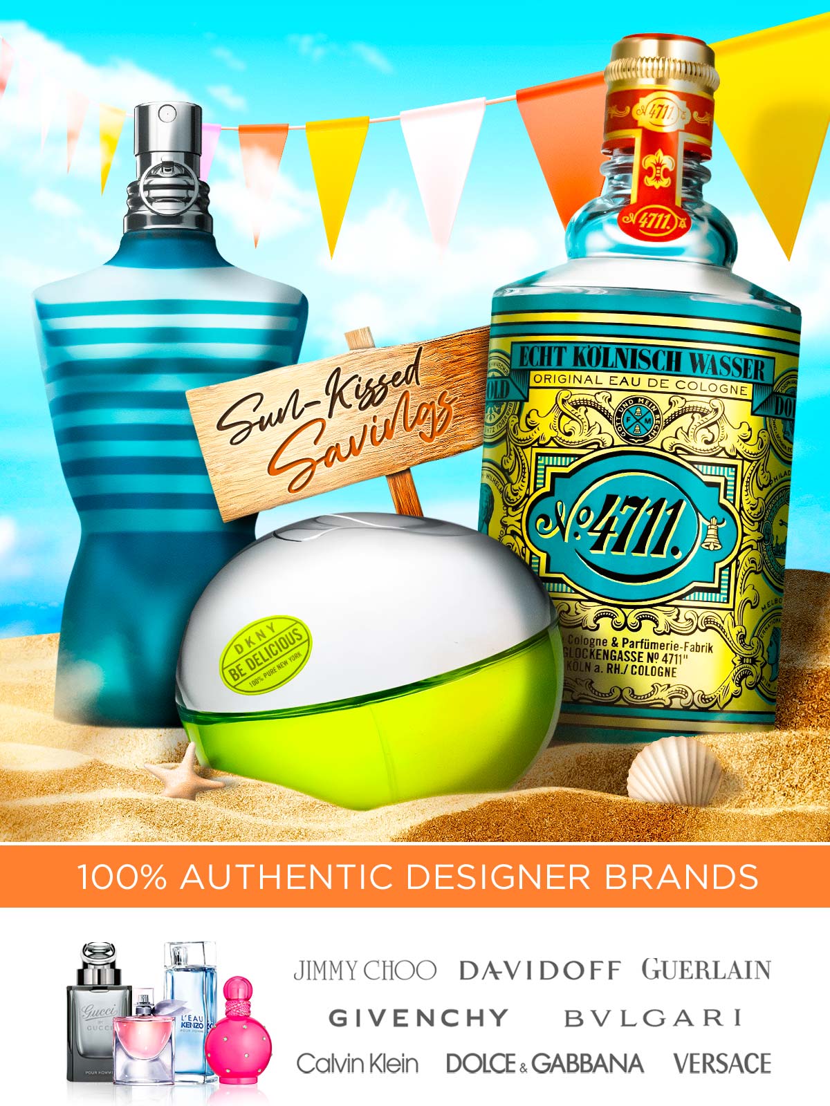 Display of popular perfume and cologne bottles at the beach