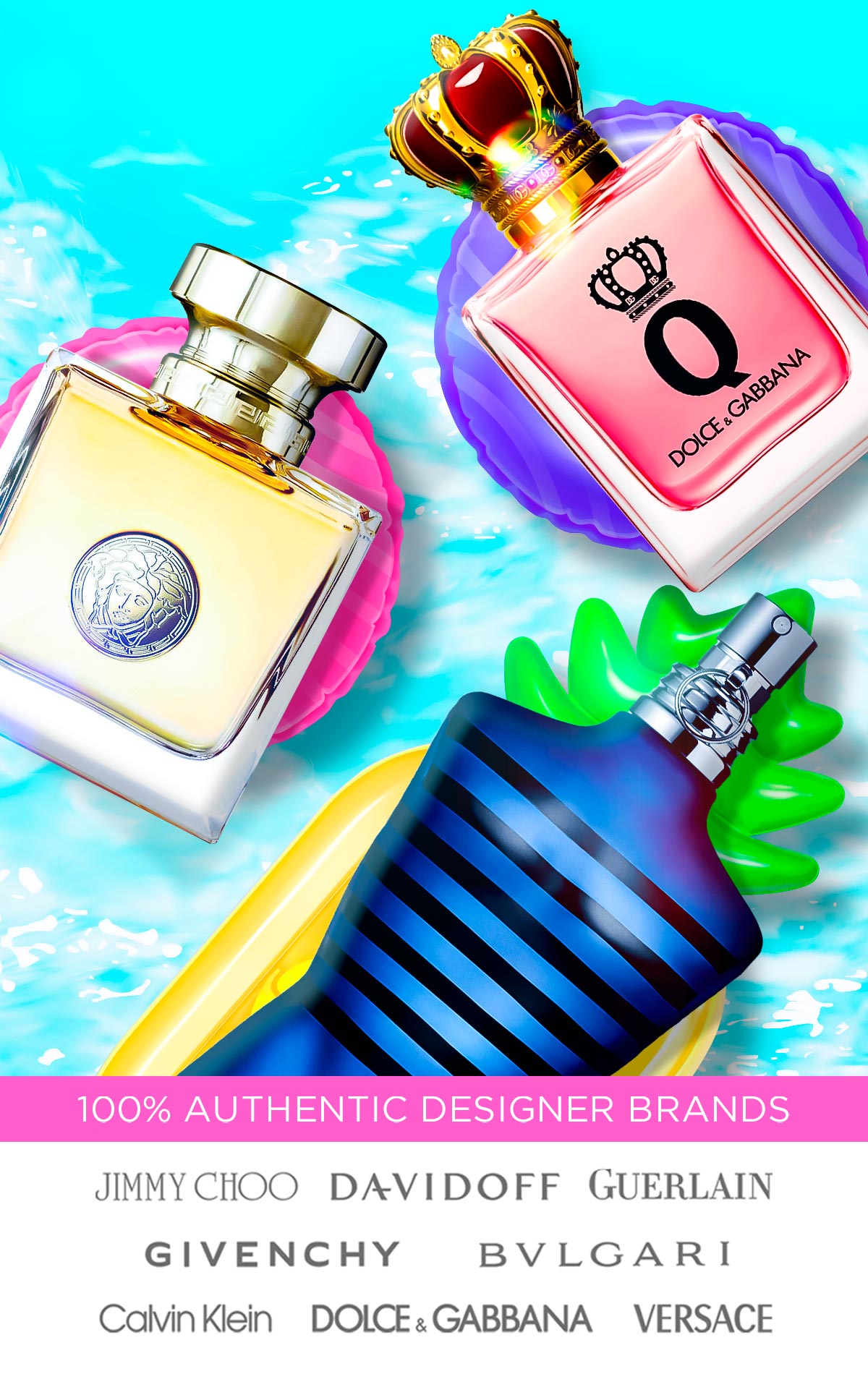 Best selling fragrances float in a pool during summer savings event