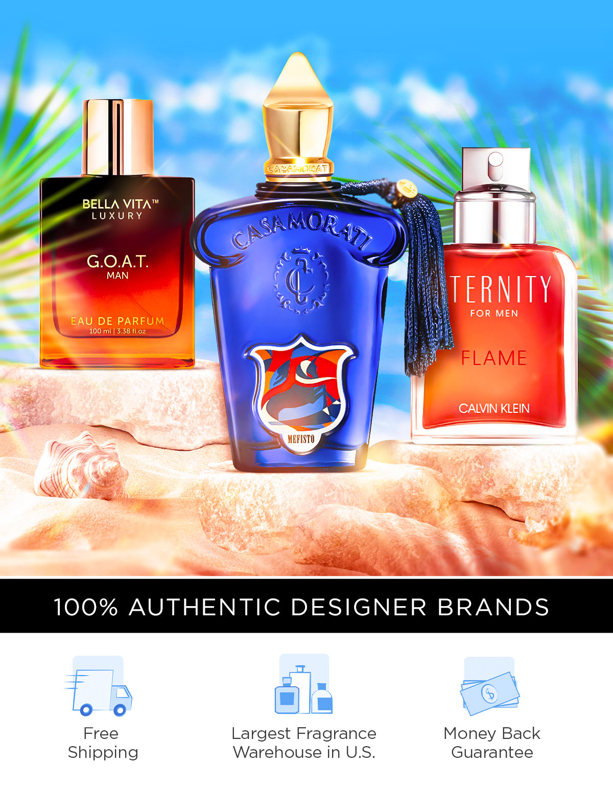 Top selling perfume and cologne bottles sit on a sunny beach