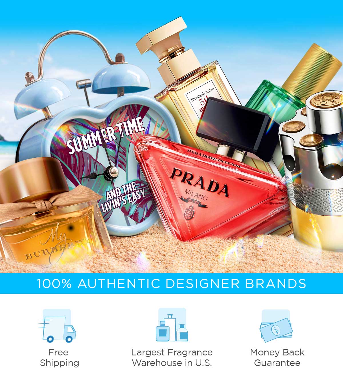 Summer scents sit in the sand to advertise limited-time deals