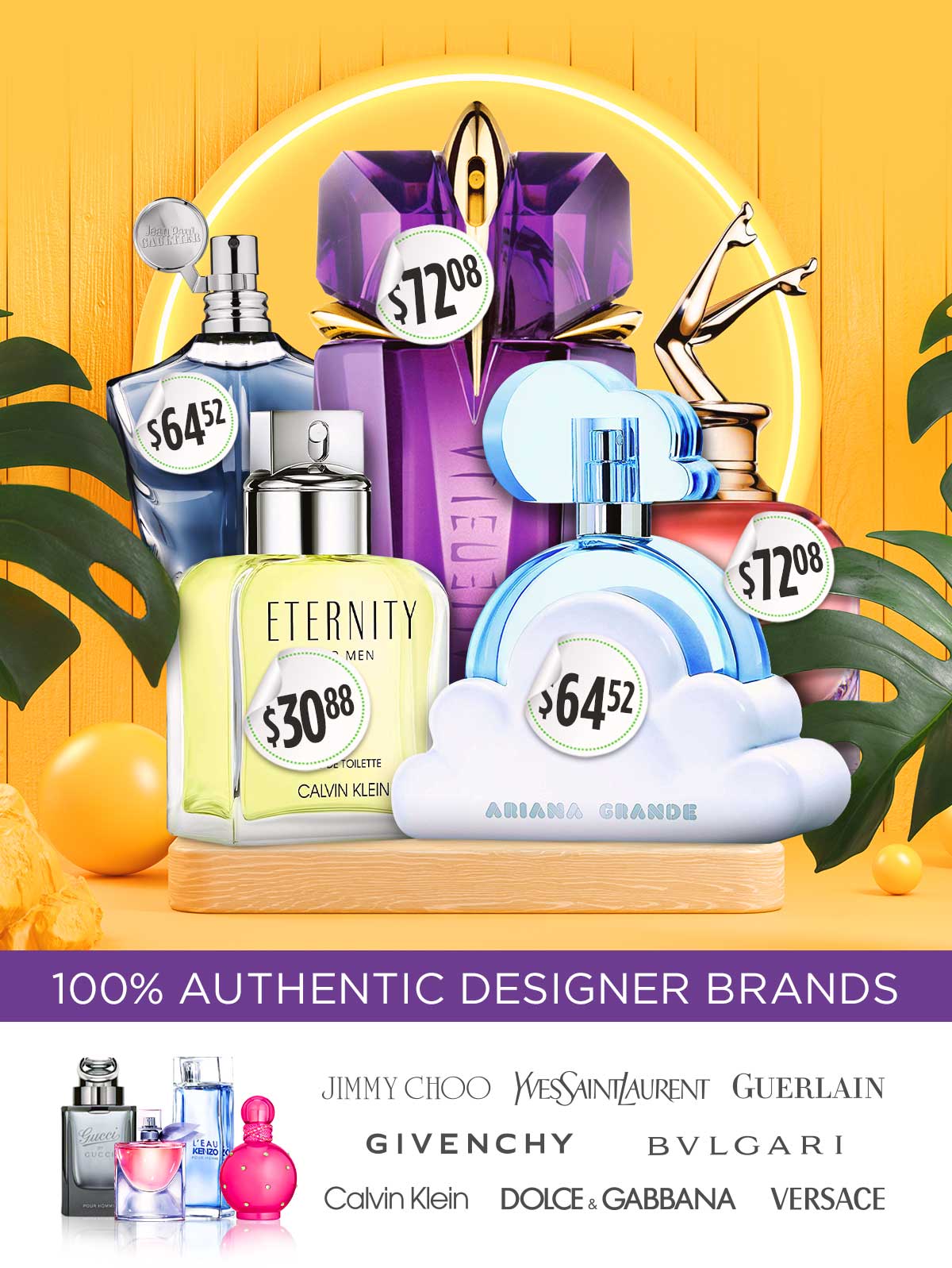 Fragrances on pedestal surrounded by palms and citrus for summer sale