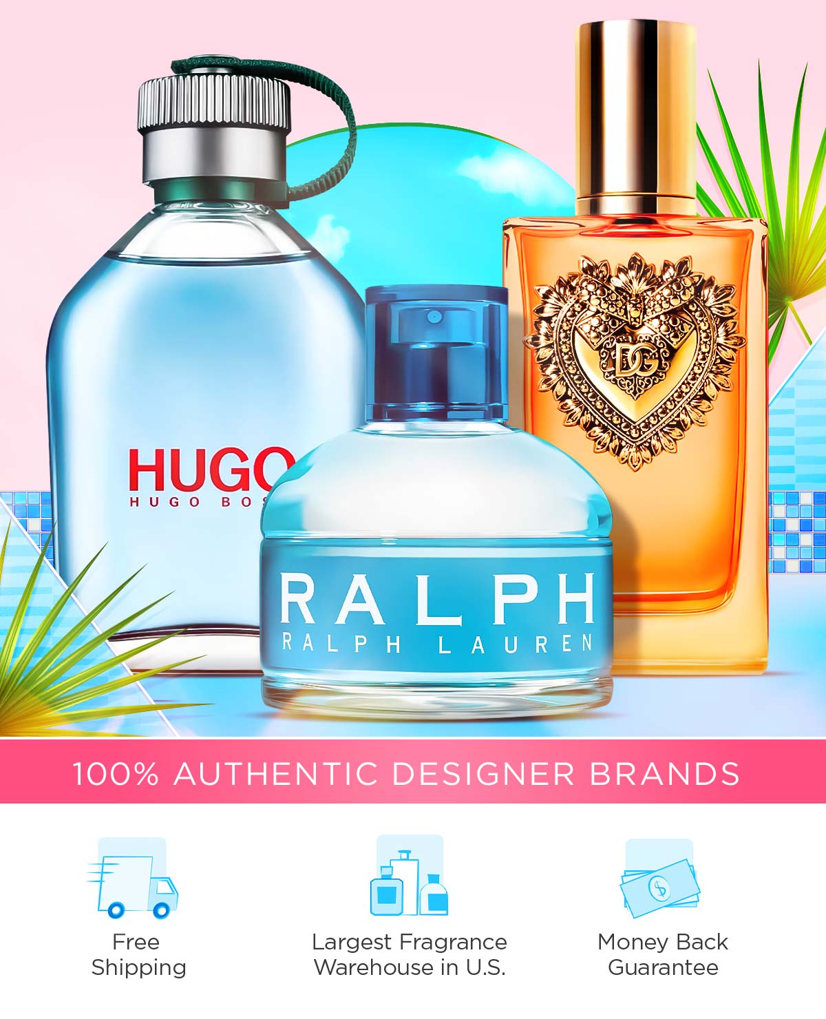 Popular perfume and cologne bottles displayed with summer fronds