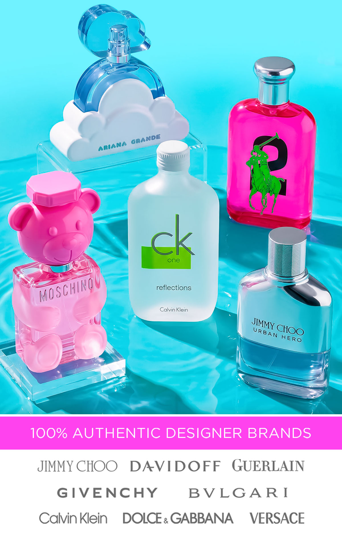 Popular summer scents on display on a bright blue pool background