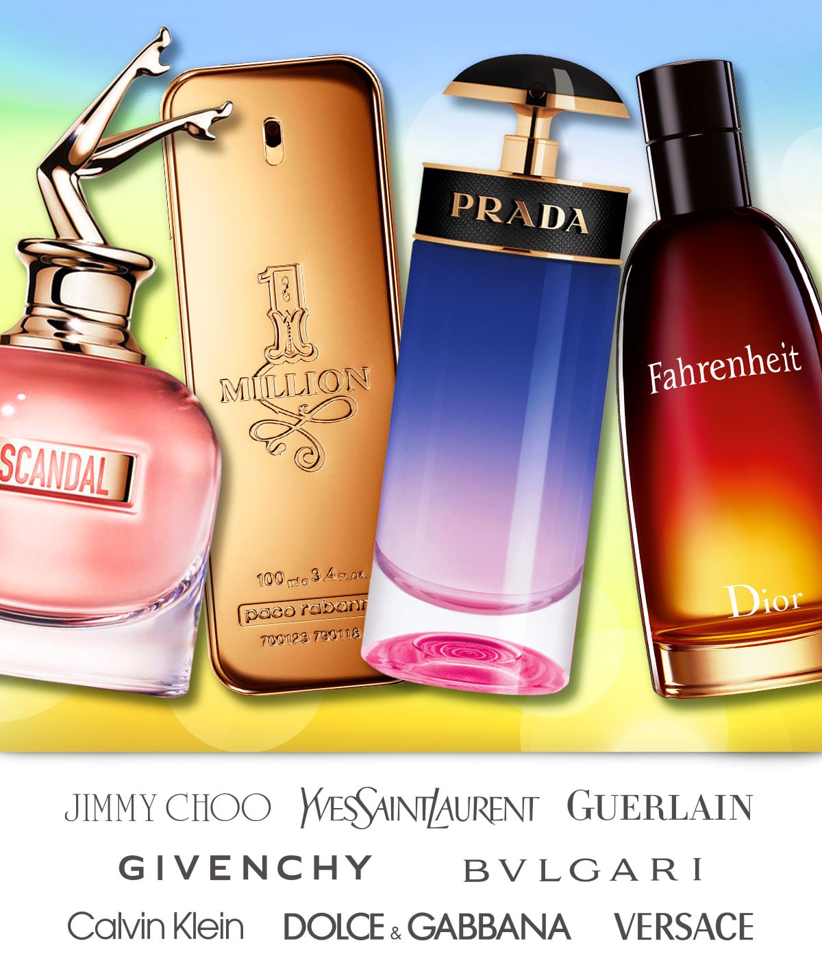 Perfume and cologne for sale on a colorful background