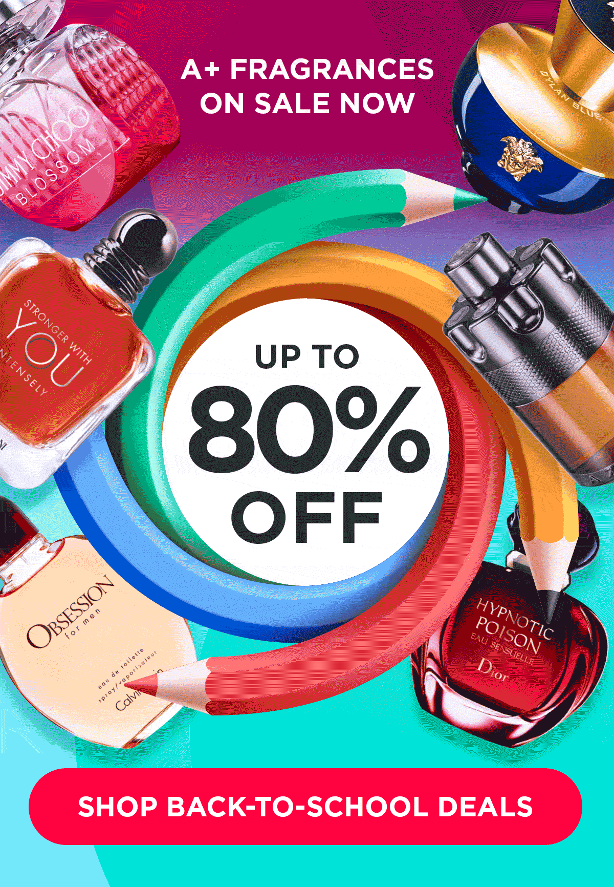 Popular fragrances surrounded by an animated pencil for the back to school sale