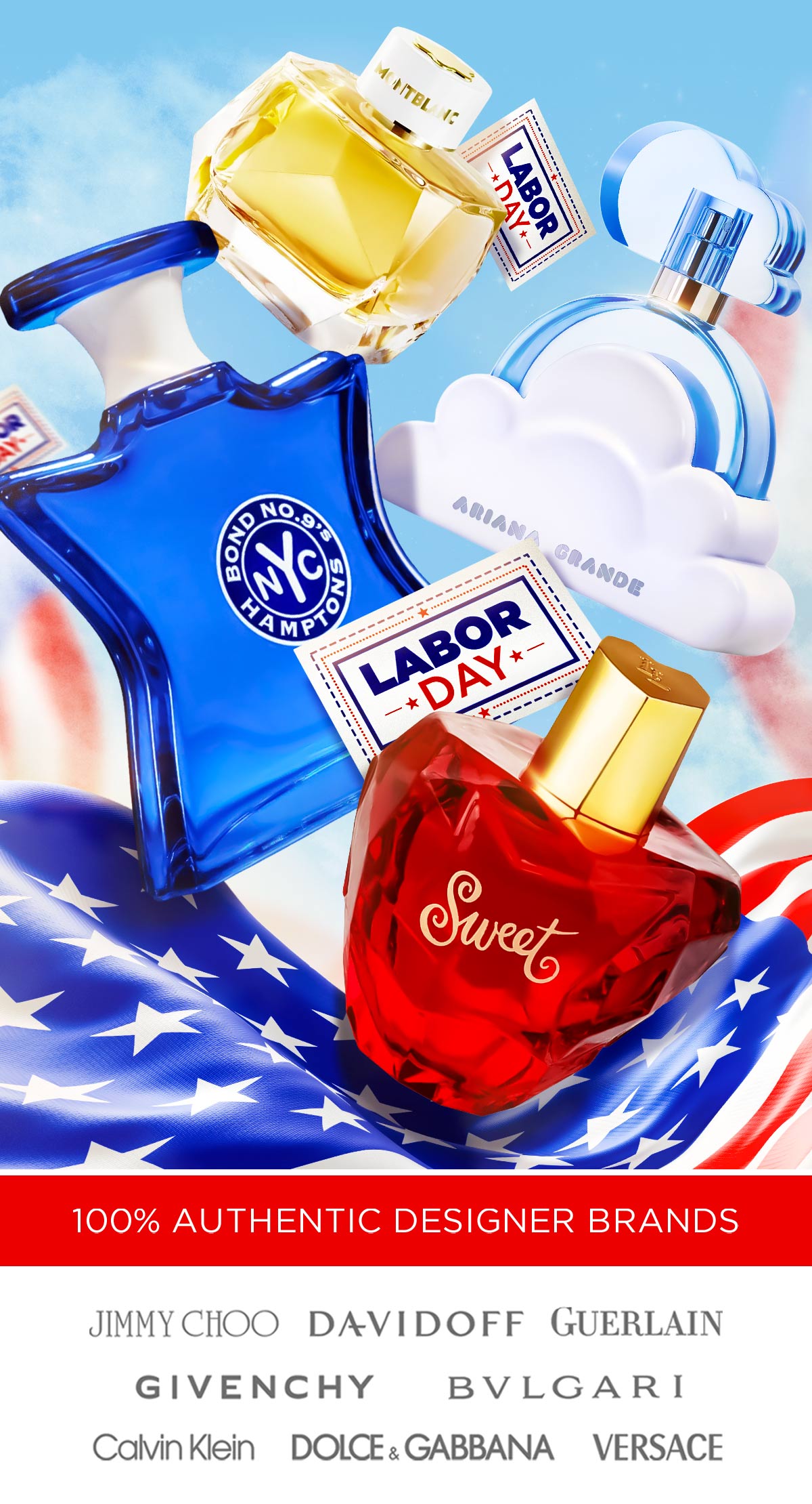 Popular fragrances hover over an American flag during Labor Day deals