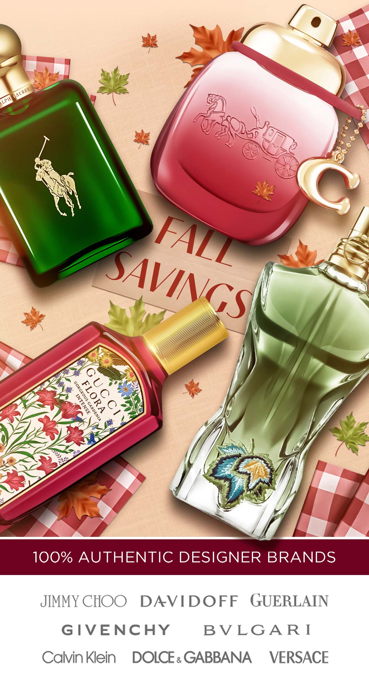 Display of popular fragrances on a plaid background with autumn leaves