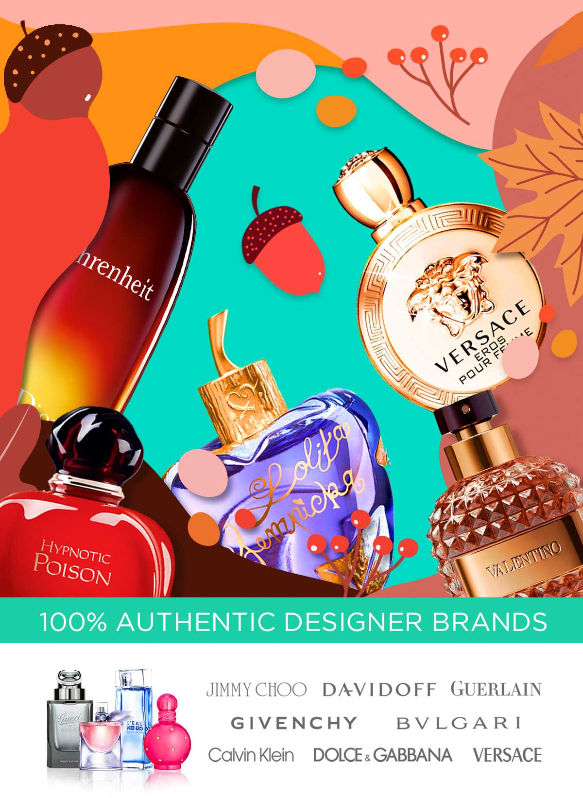 Fragrances with fall illustrations to advertise deals