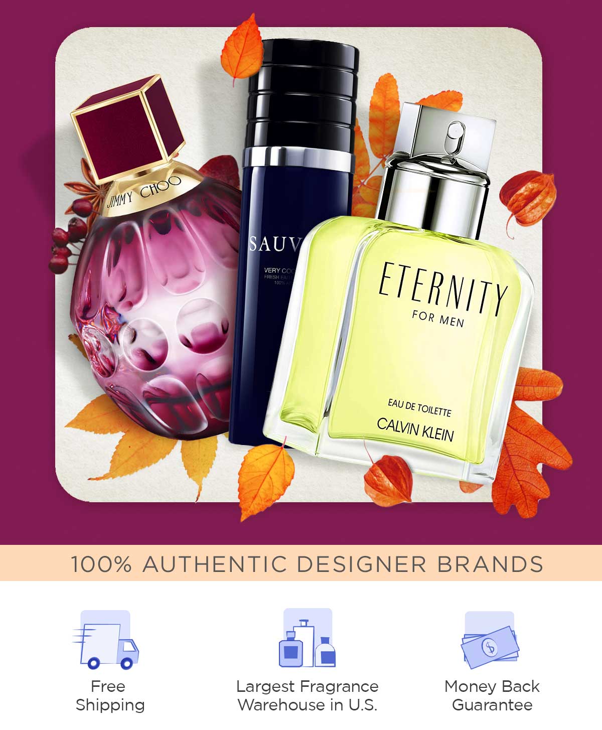 Perfume and cologne are displayed with autumn leaves for the biggest fall sale