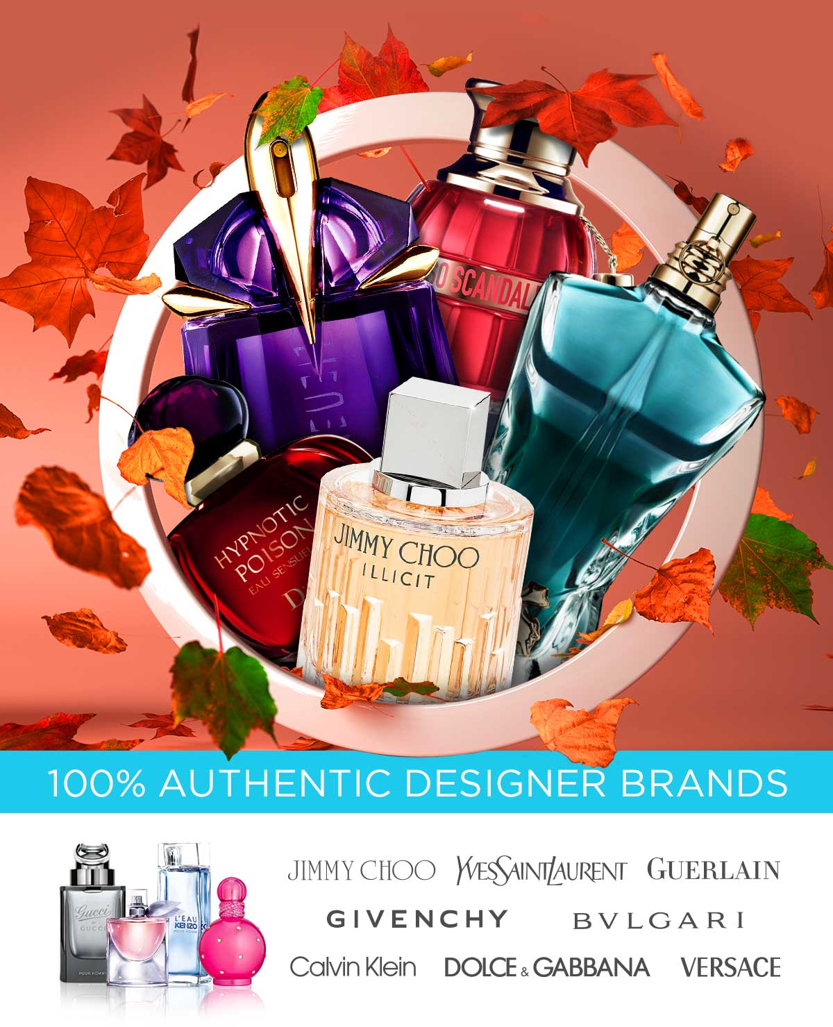 Fall Sale - Perfume and cologne bottles with falling leaves