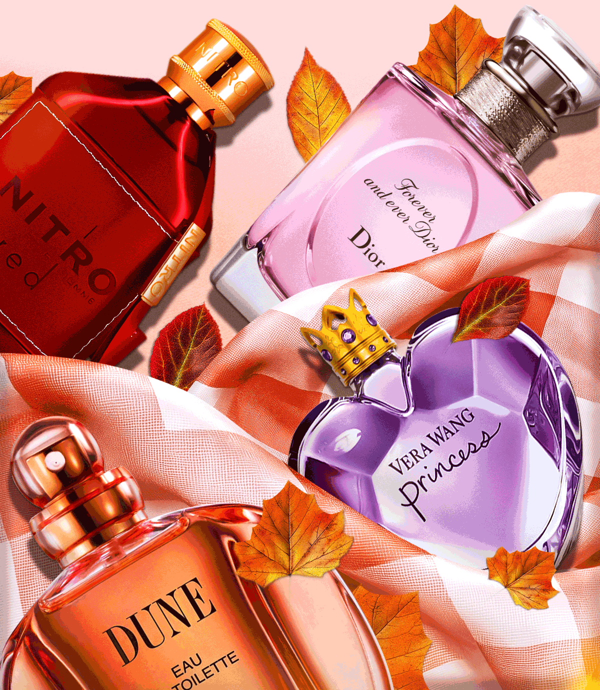 Popular perfume and cologne is displayed on an autumn background during fall savings event
