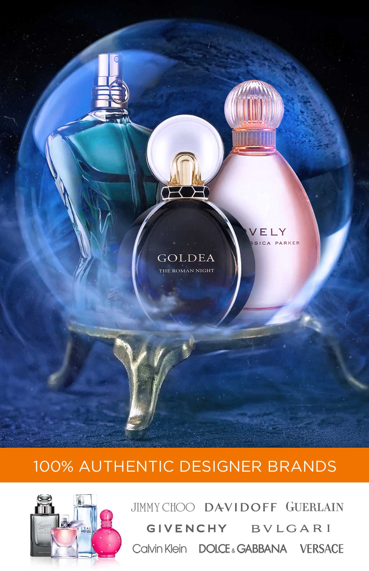 Best selling fragrance bottles sit in a crystal ball to advertise Halloween savings