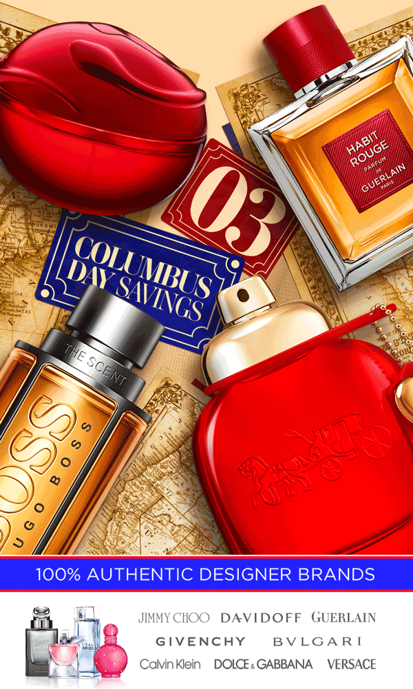 Columbus Day perfume sale graphic featuring luxury fragrance bottles on a vintage map background, with Sale Starts Now and Columbus Day Savings banners