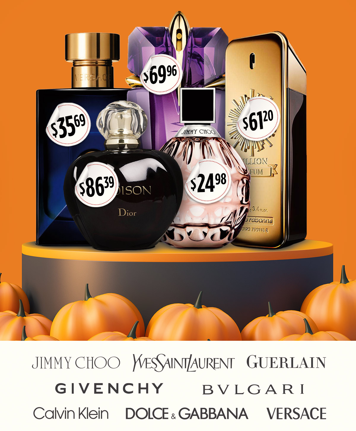 Perfume and cologne bottles with pumpkins on sale for Halloween
