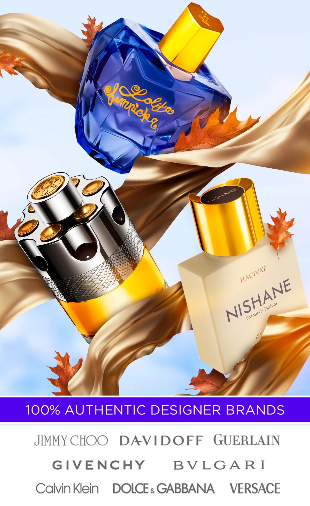 Golden fabric and falling leaves float around popular fragrances on sale